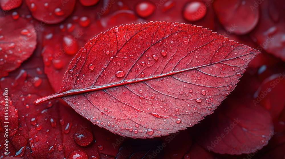 Fototapeta premium A single red leaf with prominent veins and water droplets, nestled among scattered red leaves and water droplets