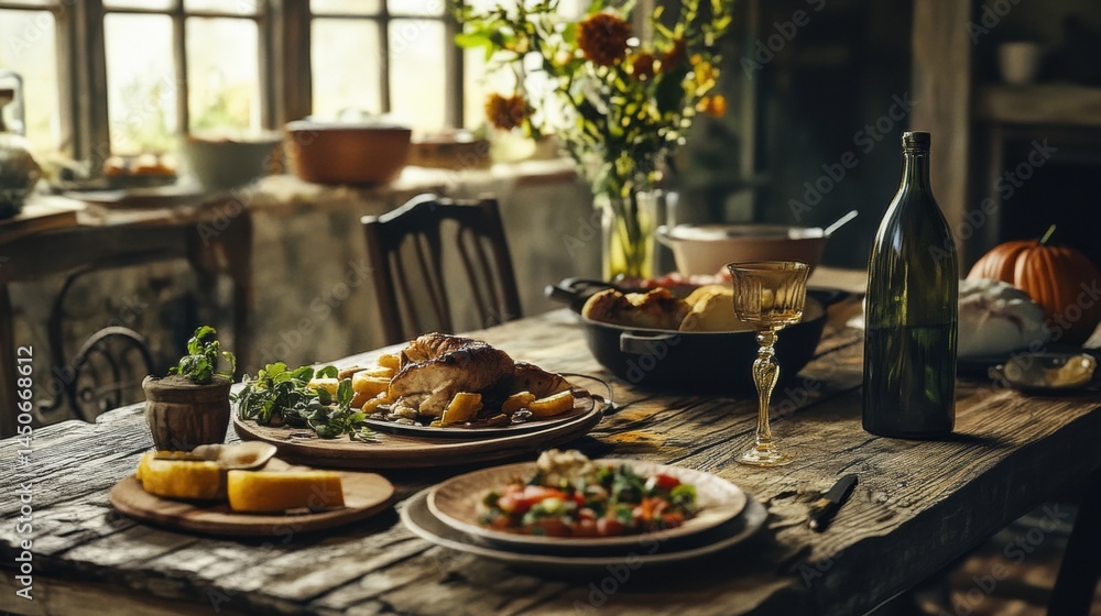 Rustic farmhouse table laden with autumnal meal. Rustic farmhouse table laden with autumnal meal.