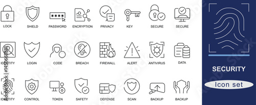 
Security icon set. A set of 30 modern security line icons including lock, shield, firewall, password, antivirus, fingerprint, and privacy—ideal for apps and UI design