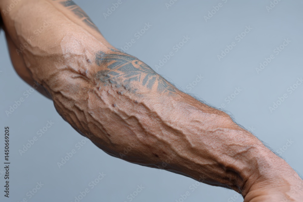 Fototapeta premium Muscular arm with prominent veins and intricate tattoo design on light background