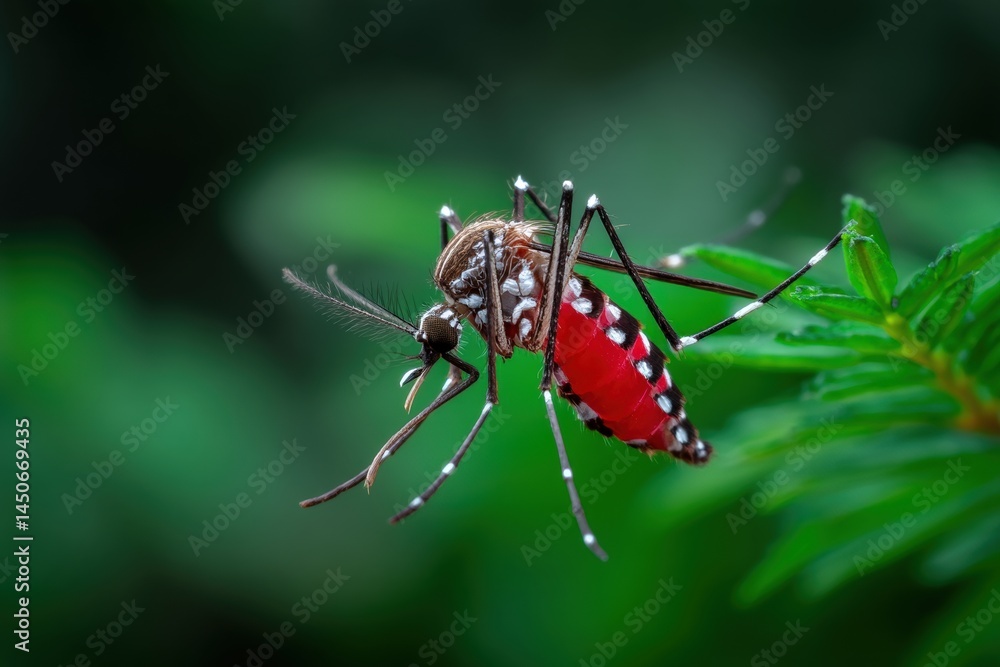 Fototapeta premium Close-up view of a mosquito feeding on plant nectar in a lush green setting