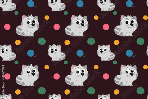 Seamless pattern with cats and balls of thread