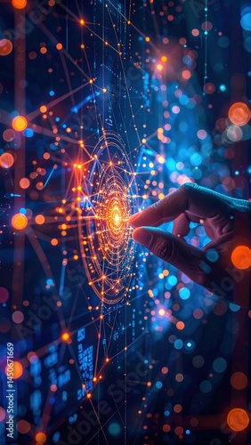 A human hand gently touches the center of a vibrant, abstract network of colorful lines and nodes, symbolizing connection and interaction.