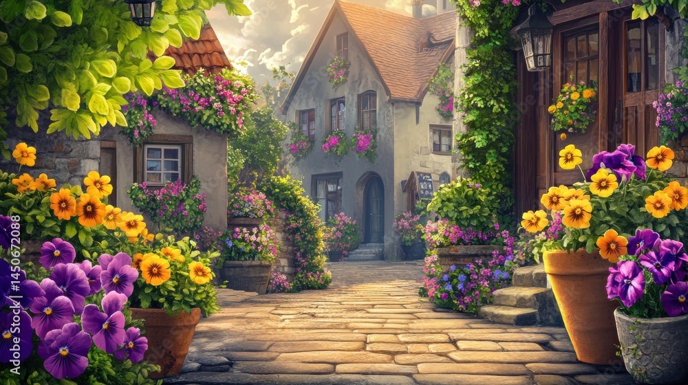 Fototapeta premium A charming, sunlit, European village street lined with vibrant flowers.