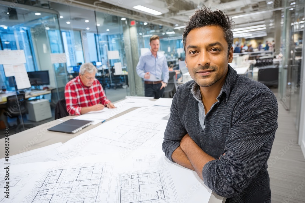 Architectural Visionary: A confident architect stands in his modern office, overseeing blueprints with focus. The image captures the essence of design, innovation, and the creative process. Architectural Visionary: A confident architect stands in his modern office, overseeing blueprints with focus. The image captures the essence of design, innovation, and the creative process.