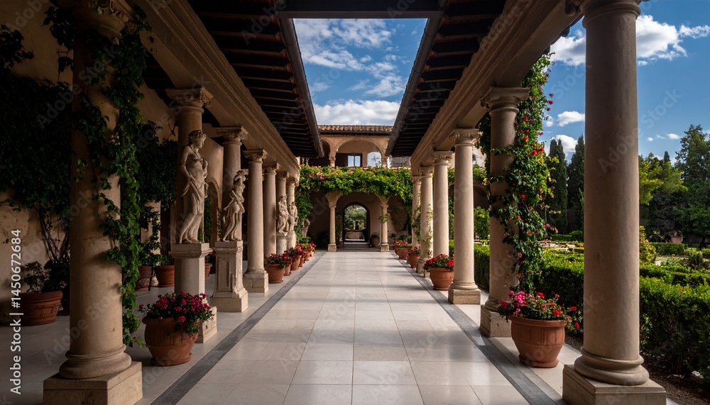 Obraz premium Una impresionante villa romana exhibe un espacioso patio enmarcado por columnas cubiertas de exuberante vegetación. Estatuas bordean elegantemente el sendero, mientras que flores vibrantes añaden toqu