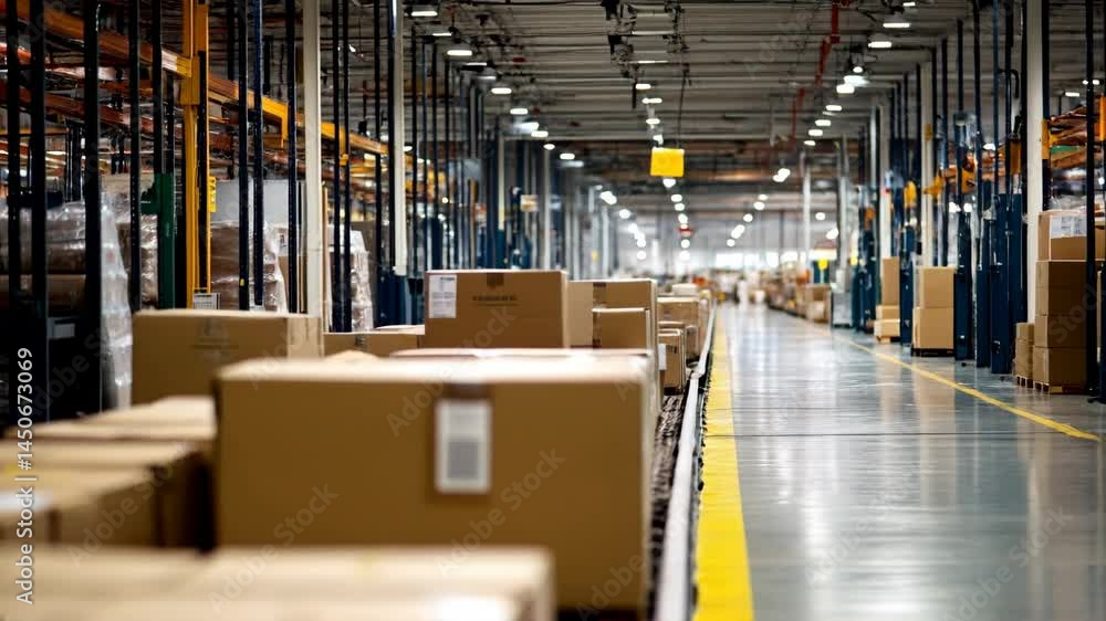 Automated warehouse with conveyor belts and stacked cardboard boxes ready for shipping. Automated warehouse with conveyor belts and stacked cardboard boxes ready for shipping.