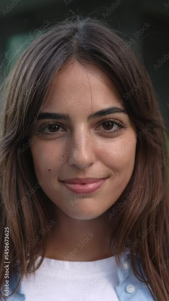 Vertical HD video portrait of happy young adult pretty woman smiling at camera outdoors Vertical HD video portrait of happy young adult pretty woman smiling at camera outdoors