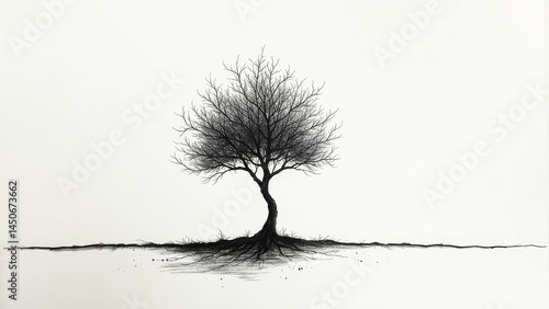 Abstract ink drawing of a minimalist tree symbolizing growth and mindfulness, isolated on a white background