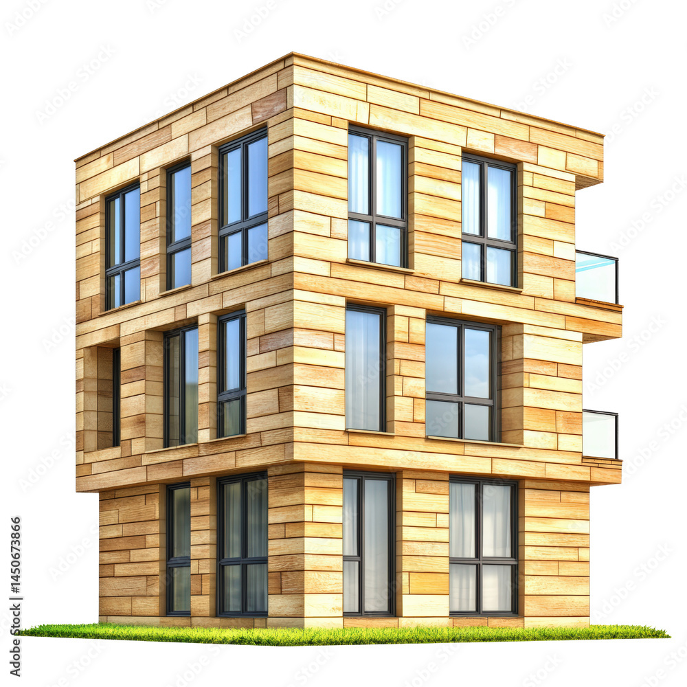 Fototapeta premium Modern multi-story building with large glass and balconies made of beige brick and stone exterior, set on a grassy landscape under clear sky