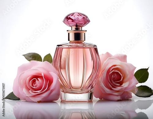 Elegant Perfume Bottle with Pink Roses Beauty, Fragrance, and Floral Essence.