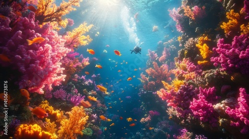 Wallpaper Mural Vibrant Coral Reef Underwater Scene with Diver Torontodigital.ca