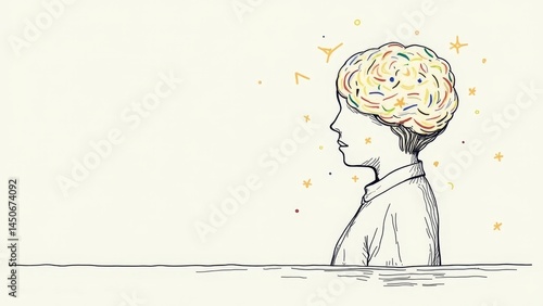 Creative illustration depicting a person with a colorful brain bursting with ideas, representing mental clutter and inspiration