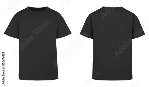 Black t shirt design isolated on white background. Blank Shirt template and mockup, for your logo. Two T-Shirt front and back view with short sleeve