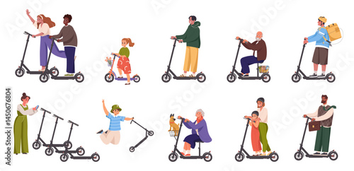 Collection of cartoon people riding electric scooters isolated on white background. Set of young and old men, women and children on modern personal vehicles, kick-scooter. Flat vector illustration.
