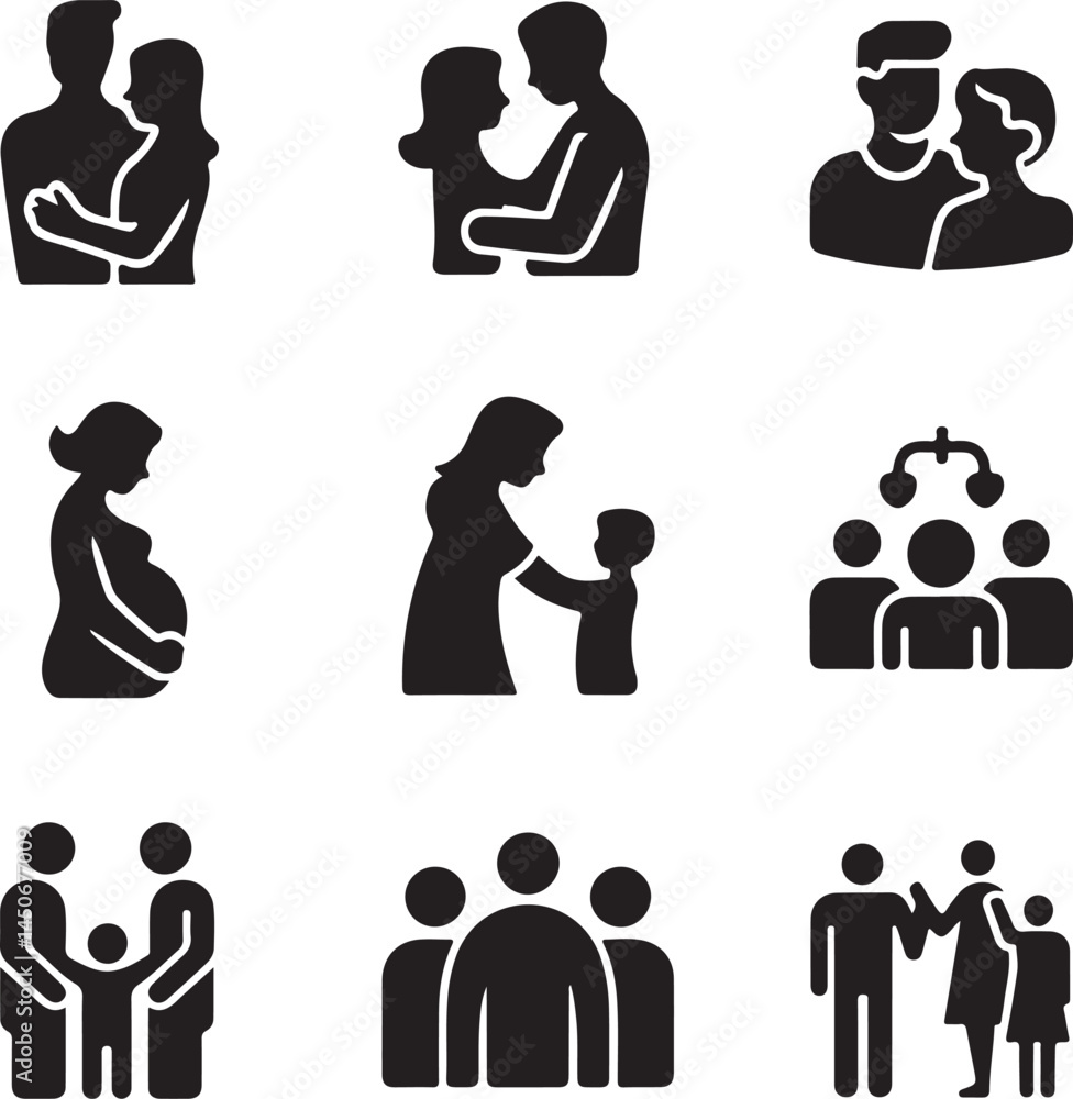 Black Silhouette Icon Set Representing Family and Relationship Themes Isolated on White Background
Black Silhouette Icon Set Representing Family and Relationship Themes Isolated on White Background