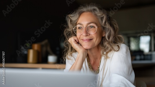 Free Download An older woman with curly hair and glasses smiles while focused on her laptop, participating in a digital upskilling program aimed at empowering seniors in technology use - GFXLoad