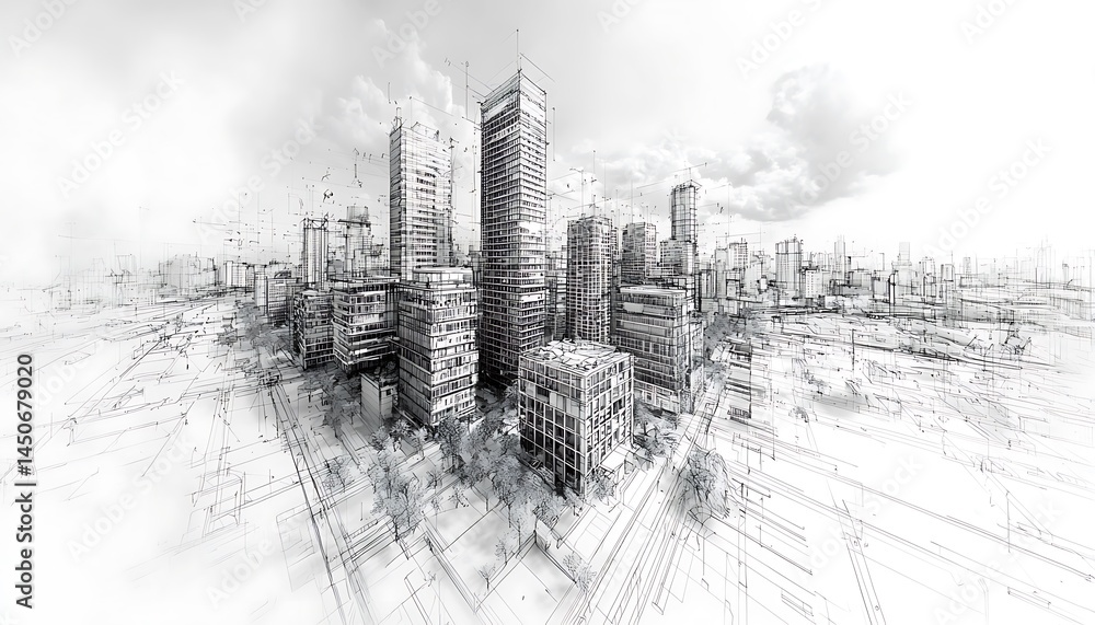 Fototapeta premium Monochrome cityscape sketch