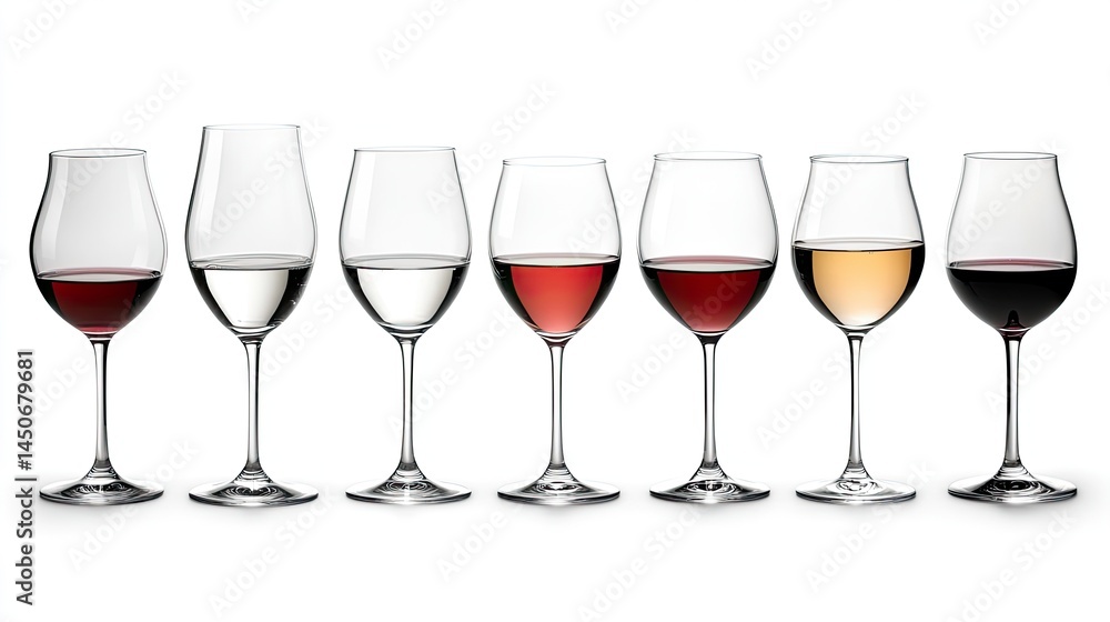A row of seven wine glasses filled with red and white wine against a white background in a studio shot A row of seven wine glasses filled with red and white wine against a white background in a studio shot