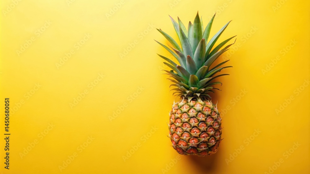 A single pineapple on a vibrant yellow background, its spiky leaves reaching upwards, showcasing a tropical summer vibe. A single pineapple on a vibrant yellow background, its spiky leaves reaching upwards, showcasing a tropical summer vibe.