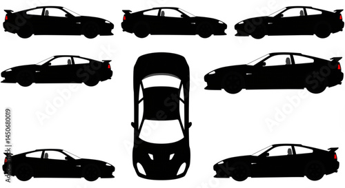 Sports car silhouette on white background. Vehicle icons set view from side, front, back, and top