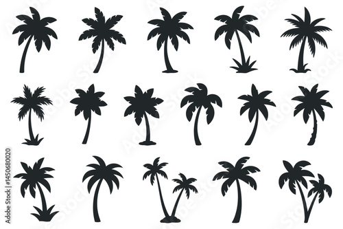 A series of vertical palm tree vector silhouettes showcasing various angles, perfect for tropical, eco, and vacation-related designs or illustrations.