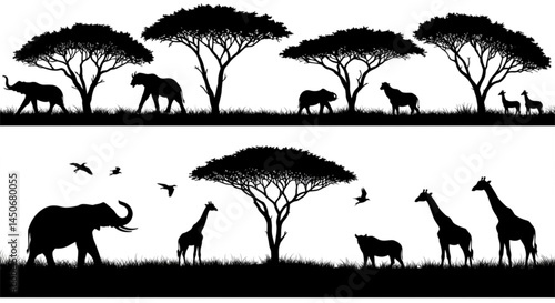 African savanna safari with animals seamless border. Black silhouette illustration on white background. Wild nature landscape. Horizontal banner with elephant, giraffe. Not merged, separate elements.