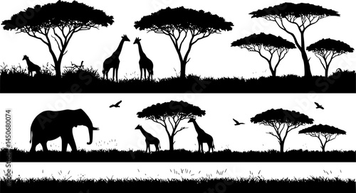 African savanna safari with animals seamless border. Black silhouette illustration on white background. Wild nature landscape. Horizontal banner with elephant, giraffe. Not merged, separate elements.