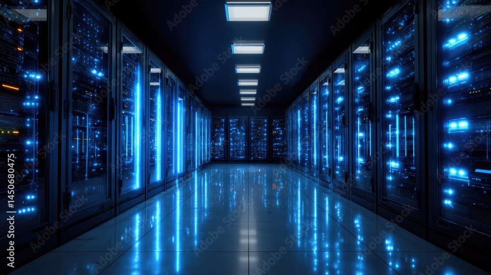 Cybersecure server room with cool tones and sleek hardware layout, ideal for data-driven branding, cloud hosting, and advanced networks Cybersecure server room with cool tones and sleek hardware layout, ideal for data-driven branding, cloud hosting, and advanced networks