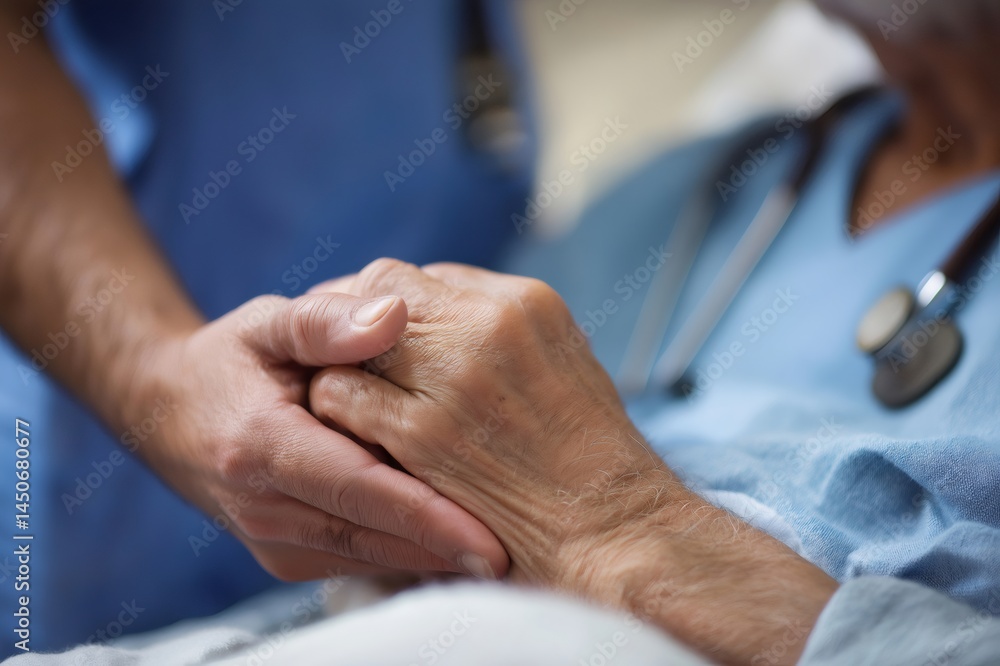 Obraz premium Close up of a nurse's hand gently holding the hand of an elderly patient, offering reassurance and empathy in a medical setting