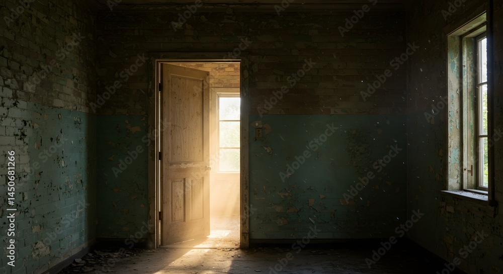Abandoned Room Interior with Open Door and Window, Sunlight Streaming Through, Peeling Paint. Abandoned Room Interior with Open Door and Window, Sunlight Streaming Through, Peeling Paint.
