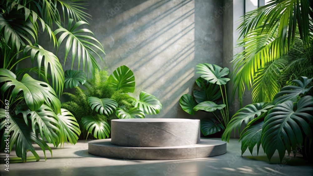 Obraz premium A Stone Platform Nestled Amidst Lush Tropical Foliage, Bathed in Soft Sunlight Streaming Through an Open Wall