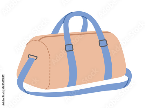 Beige sports bag with blue handles and strap. Duffel bag for training and fitness. Gym accessory. Sport equipment. Handbag for travel and trips. Vector flat illustration isolated on white background