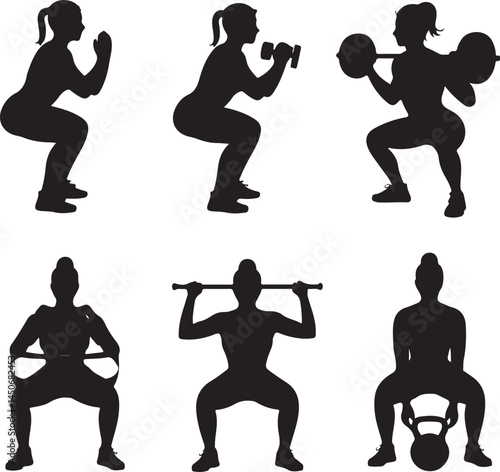 Vector Set Silhouette of Women Squat Exercises Workout Isolated on White Background

