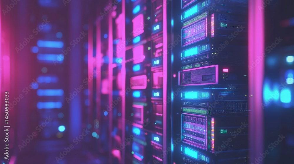Server corridor with advanced cabling and glowing LEDs, excellent for tech branding, network reliability ads, and performance hosting visuals Server corridor with advanced cabling and glowing LEDs, excellent for tech branding, network reliability ads, and performance hosting visuals