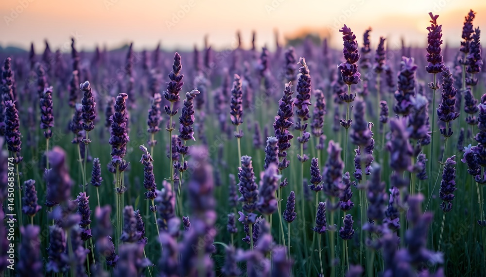 Fototapeta premium Lavender Dream, A Garden Of Tall Purple Flowers Swaying. Sunset Light Creates A Warm, Soft Glow. Floral Beauty, Relaxation, And Serene Nature. Field Scene.