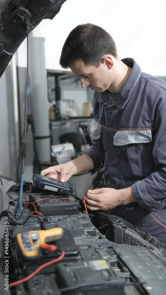Mechanic in jumpsuit working on car engine with tester and battery diagnostic, automotive repair service, auto maintenance in garage Mechanic in jumpsuit working on car engine with tester and battery diagnostic, automotive repair service, auto maintenance in garage