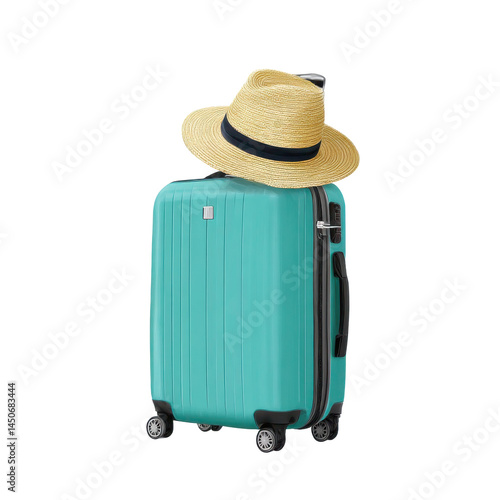 Travel suitcase with hat vacation luggage trip journey baggage summer on transparent background