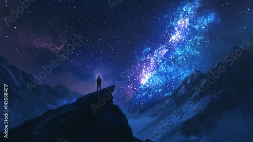 A person stands on a mountain under the bright, starry Milky Way. It's a beautiful night view of space and nature in the summer.

