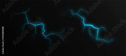 Glowing blue lightning. Blue glowing electric cracks with light effect. Realistic lightning fracture for dark backgrounds. Vector.