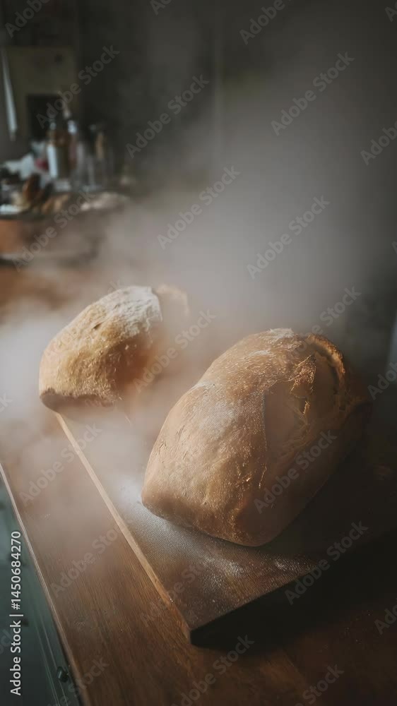 Steaming loaves of homemade bread on wooden board, bakery product for baking, warm fresh rustic bread with flour dusting Steaming loaves of homemade bread on wooden board, bakery product for baking, warm fresh rustic bread with flour dusting