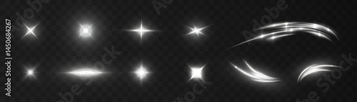 A set of white glowing light effects including sparkles, flashes and starbursts for magical overlays, visual accents or decorative lighting in digital projects.