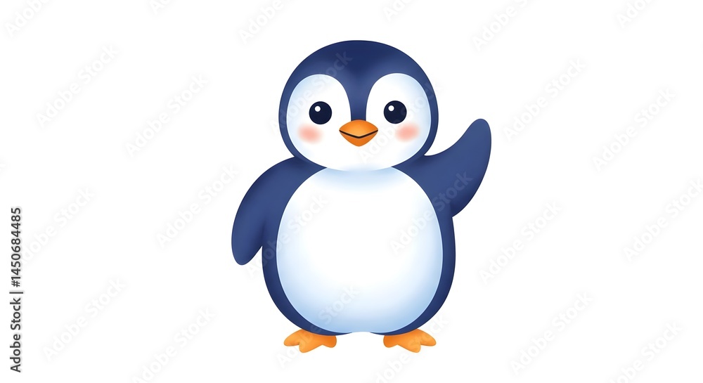 Obraz premium Cute Cartoon Penguin Waving on White Background for Graphic Design