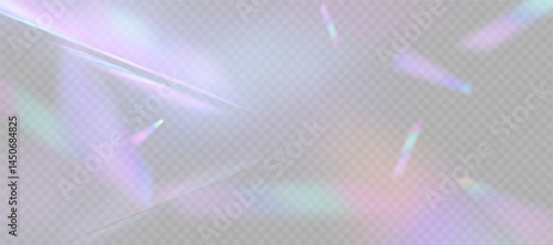 Transparent background with soft rainbow highlights and subtle prismatic reflections. Ideal for blending effects, visual flares, lens reflections. Vector