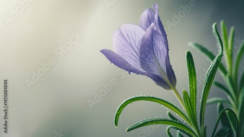 Delicate purple flower petals with vibrant green leaves, showcasing natural beauty and elegance