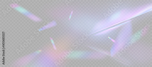 Transparent background with soft rainbow highlights and subtle prismatic reflections. Ideal for blending effects, visual flares, lens reflections. Vector