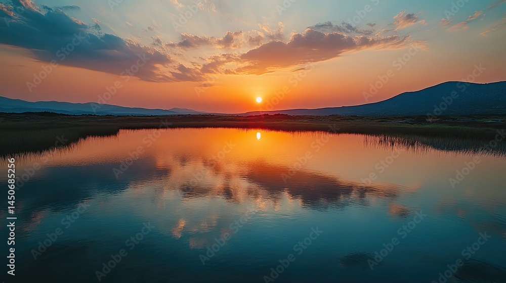 A tranquil lake reflecting a vibrant sunset with clouds and distant mountains in the horizon A tranquil lake reflecting a vibrant sunset with clouds and distant mountains in the horizon