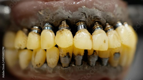 Close-up view showing installed dental implants with prosthetic teeth, attached to a denture base for full mouth restoration.