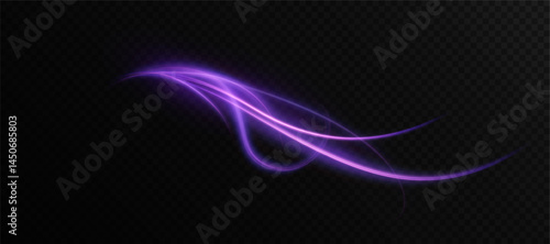 Soft glowing purple trail with smooth curve and shining highlight on transparent background. Represents magical comet movement with smooth flow of energy and dreamy glow. Vector