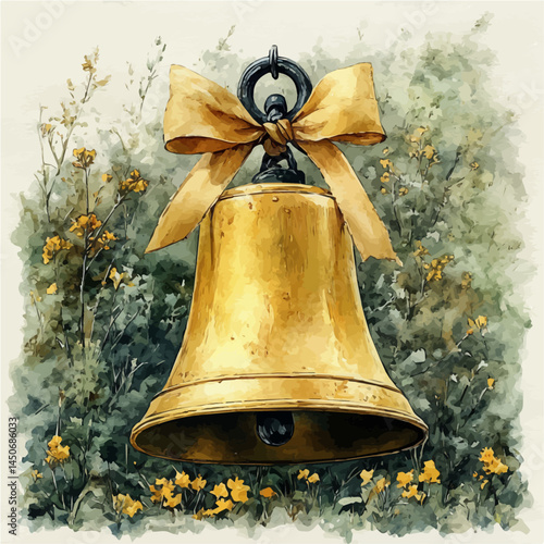 watercolor of Festive Ribbon-wrapped Bell, vector, isolated on a white background.
